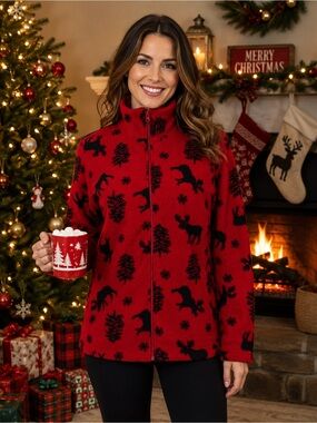 Ugly Christmas Fleece Jacket Diagonal Moose Cabin Woman’s Sz M